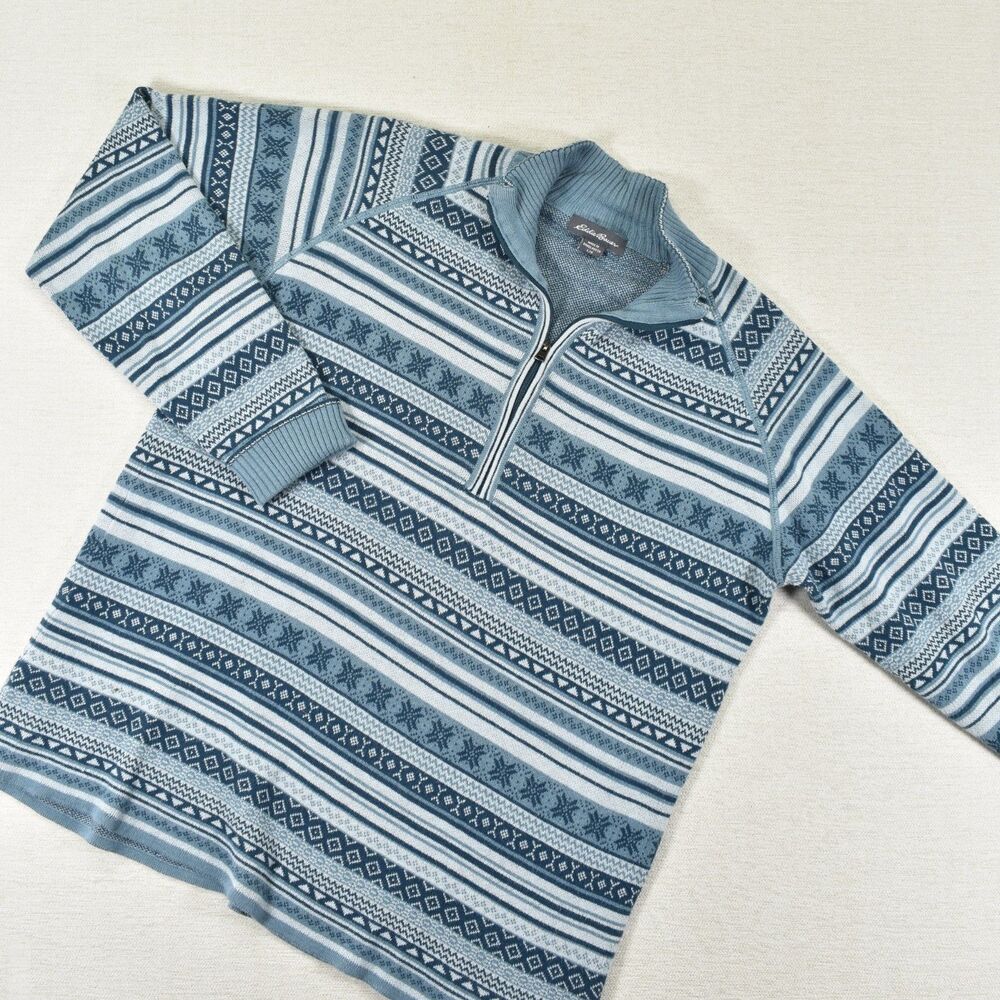 Eddie Bauer Sweater Womens Size L Blue Fair Isle Pattern Cotton Half Zip